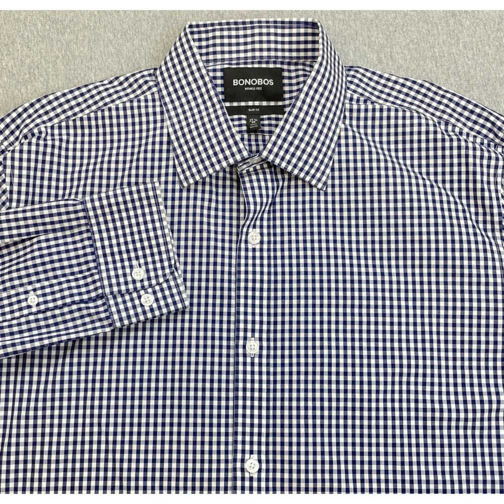 Bonobos Shirt Mens 17.5 - 35 Gingham 100% Cotton Slim Fit Button Up